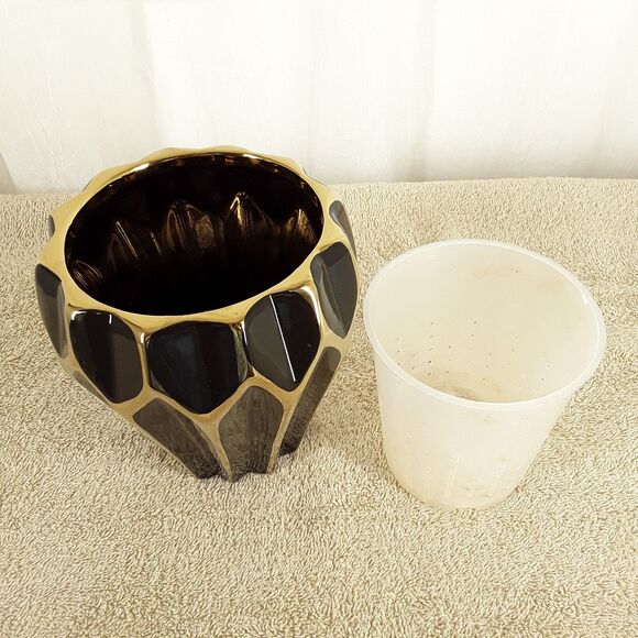 Used, Ceramic Orchid Pot 20 oz Planter, Shiny Black Gold, Modern Elegant Design - Picture 6 of 8